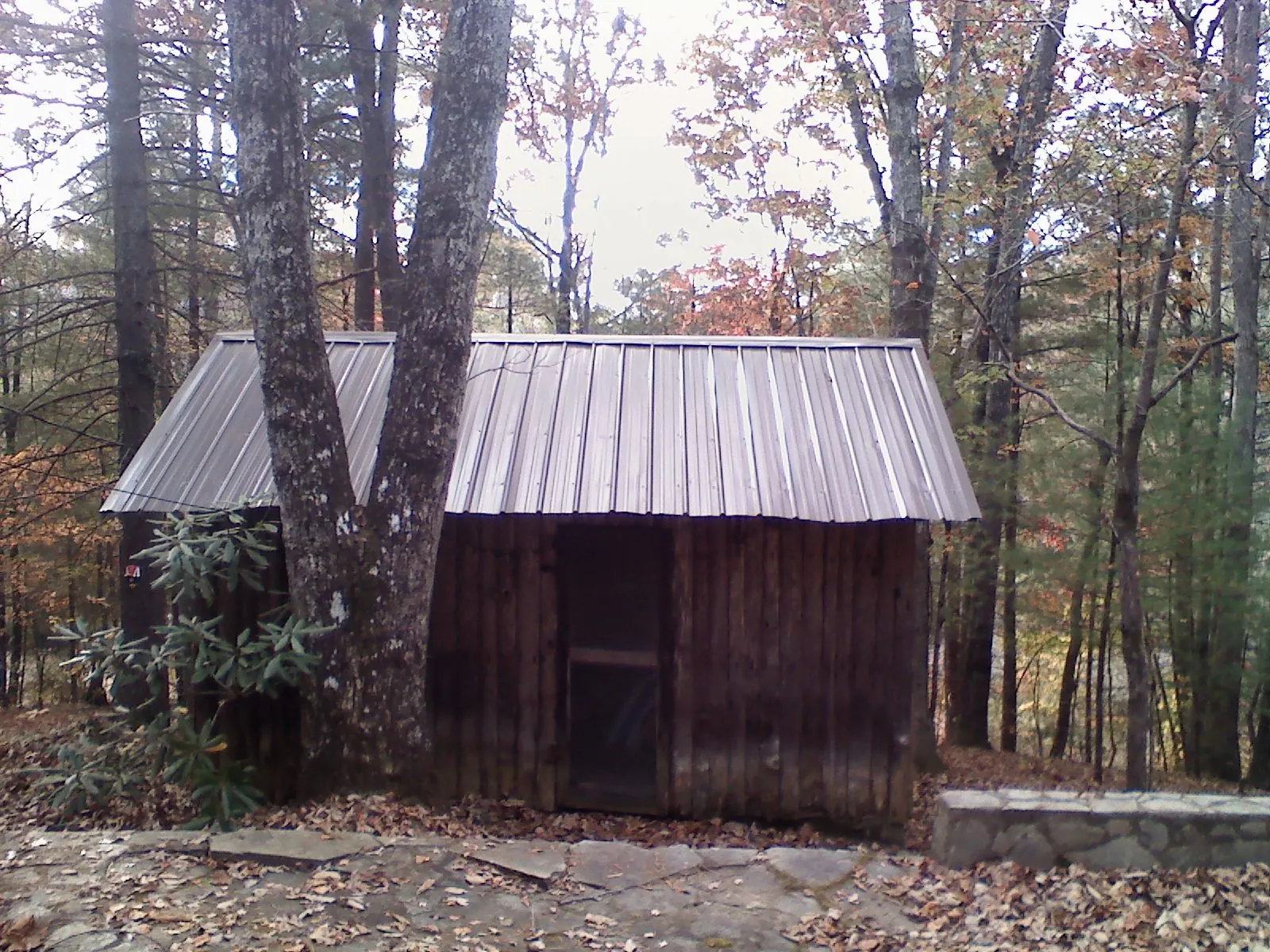 New metal gable roof on a small log shed among the trees in Midway