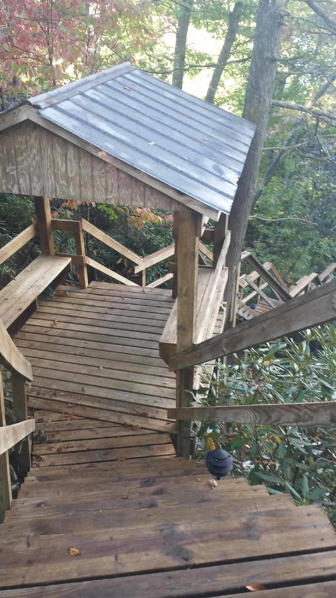 Metal roofed shelter over wooden steps on a wooded walkway — Skylight Repair & Installation work by our crew in Midway